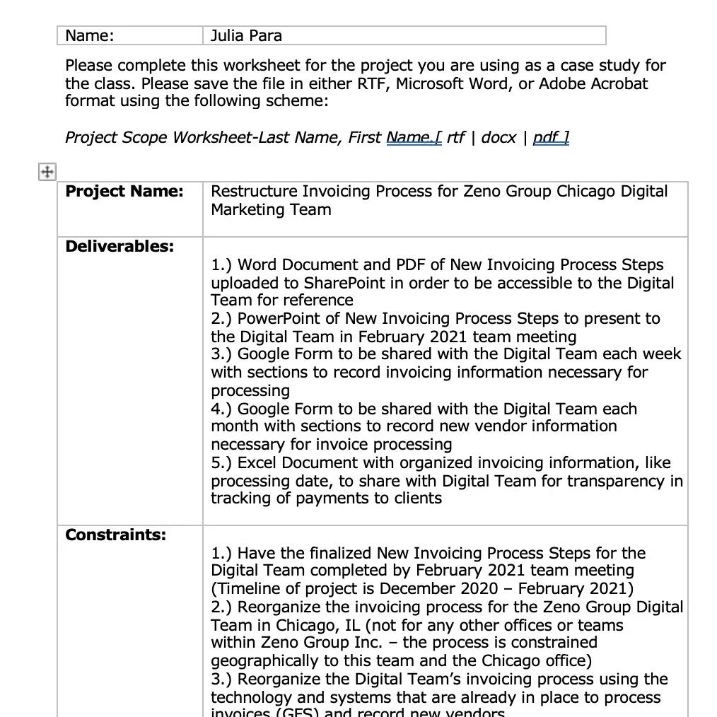 Project Scope Worksheet