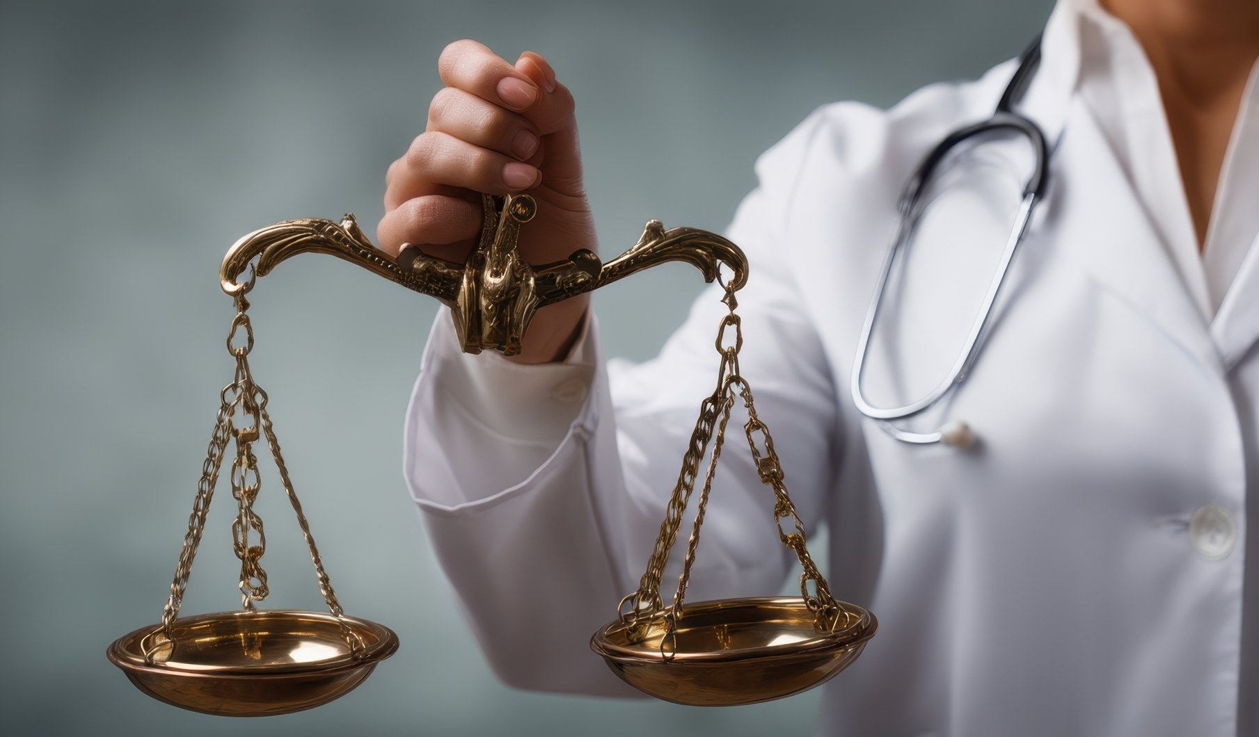 A person in a white medical coat with a stethoscope holding a small gold scale of justice.