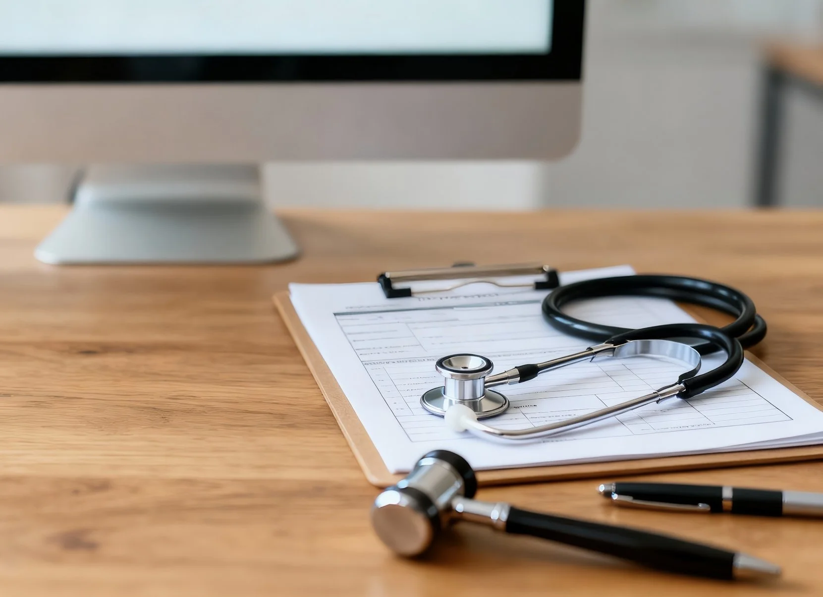 Medical stethoscope resting on a clipboard with medical documents on a wooden desk in front of a computer monitor.