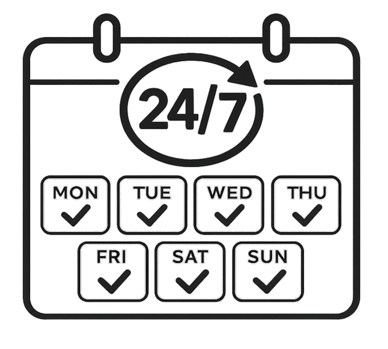 A digital calendar displaying the days of the week with check marks on Monday, Tuesday, Wednesday, Friday, Saturday, and Sunday, and a blue check mark on Thursday, with a 24/7 sign above.