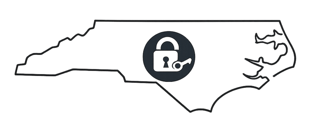 Outline of the state of North Carolina with a lock symbol overlayed.