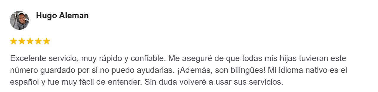 Screenshot of a Google review by Hugo Aleman praising rapid, reliable, bilingual customer service in Spanish from OpenAll Locksmith.