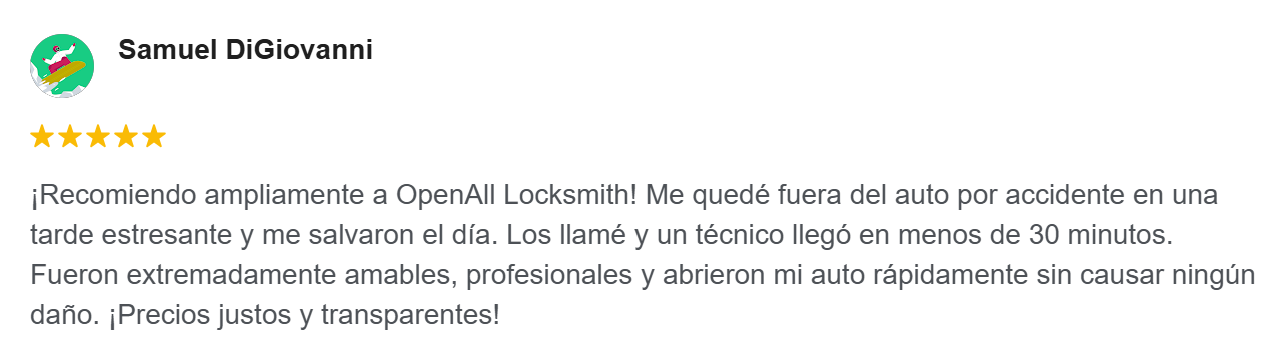 Five star review with text in Spanish praising OpenAll Locksmith for quick, professional, and affordable car lock service after an accident.