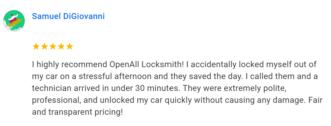 Google review for OpenAll Locksmith Raleigh NC