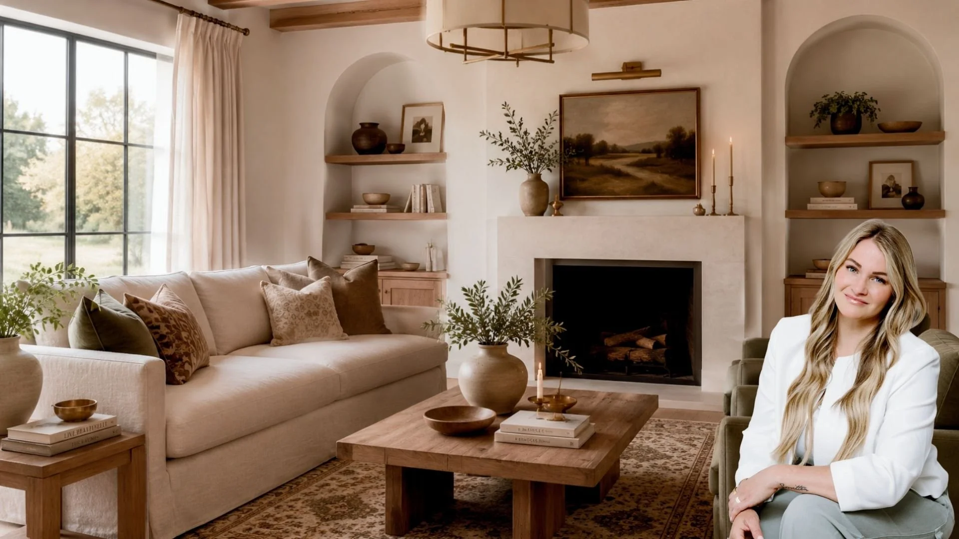 A cozy living room with beige walls, featuring a large window with cream curtains, a white sofa with patterned pillows, a wooden coffee table with bowls and books, a fireplace with candles and vases, built-in shelves with decor, and a woman with long blonde hair wearing a white blazer.