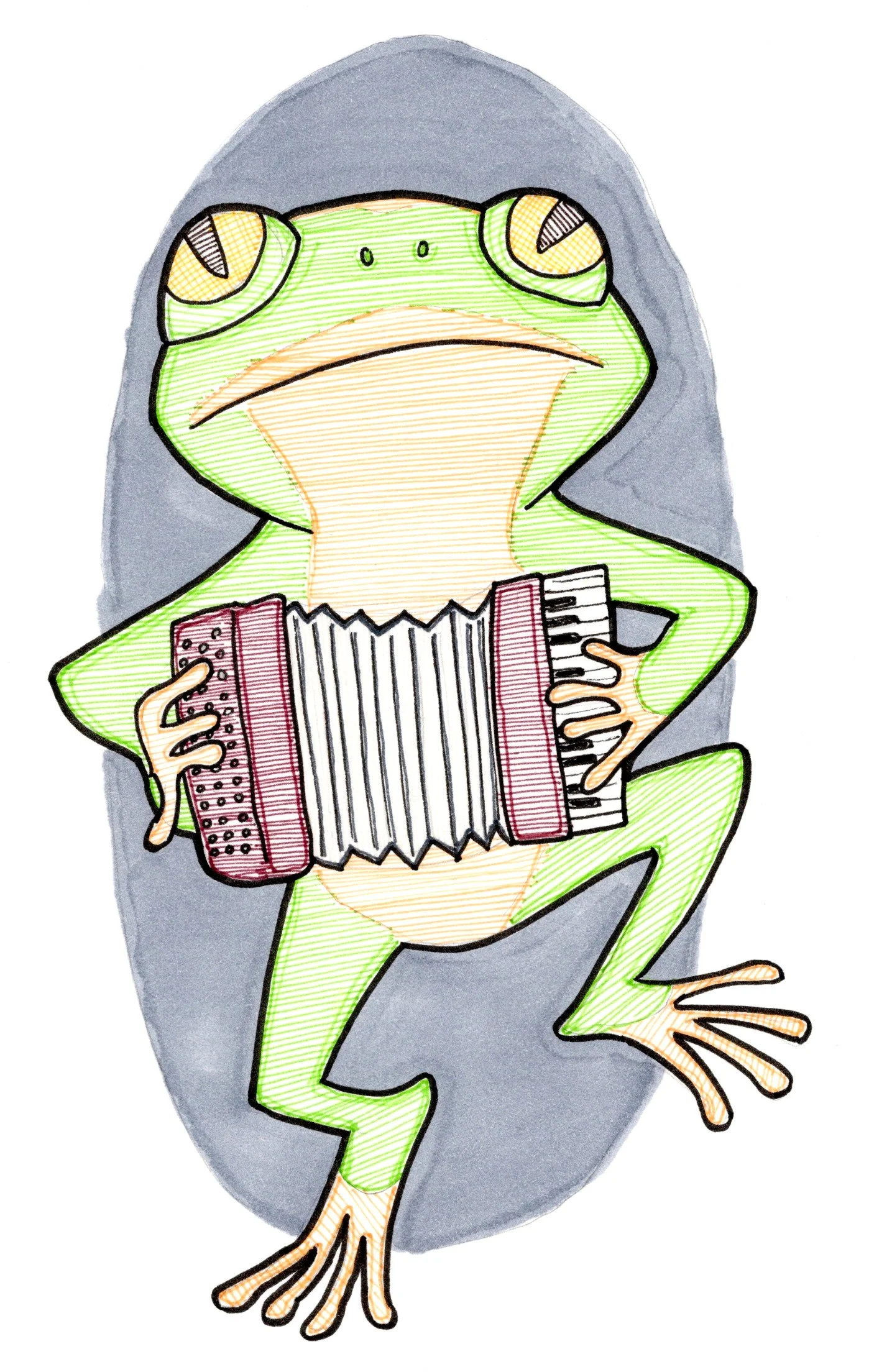 Colorful illustration of a green frog with large eyes, holding and playing an accordion.