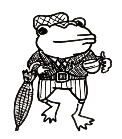Black and white cartoon frog dressed as a detective, holding an umbrella in one hand and a cup in the other.