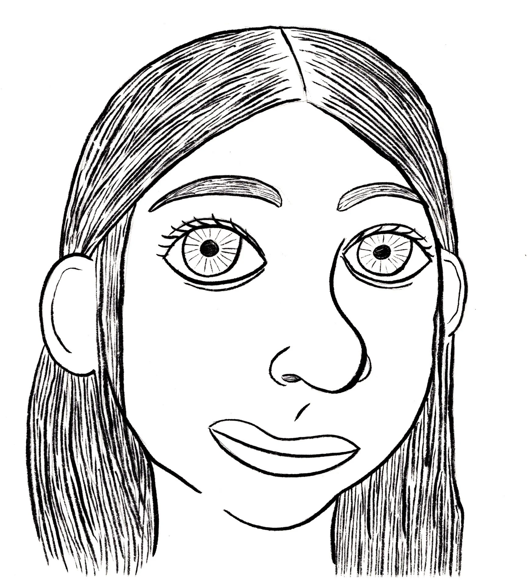A black and white illustration of a woman's face with large eyes, eyebrows, nose, lips, and long hair.