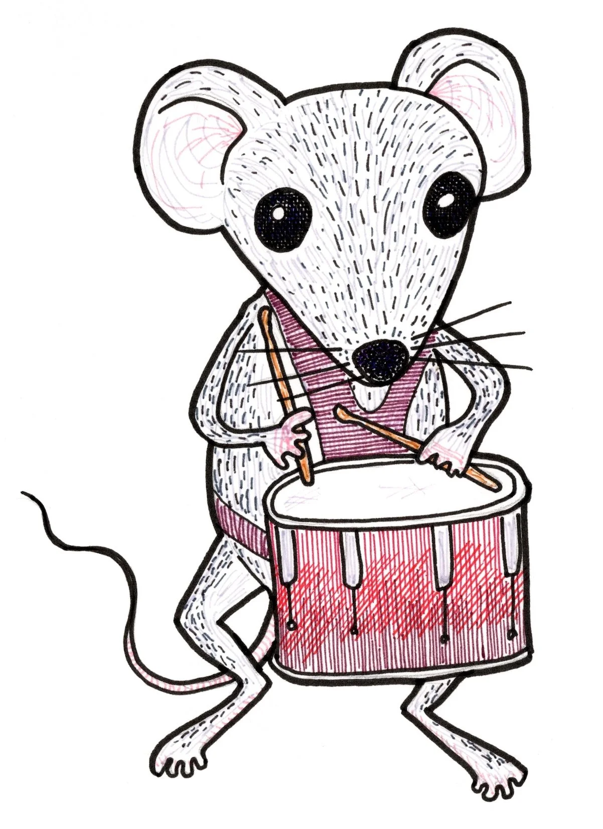A cartoon drawing of a white mouse playing a large red drum with drumsticks. The mouse is standing on its hind legs.