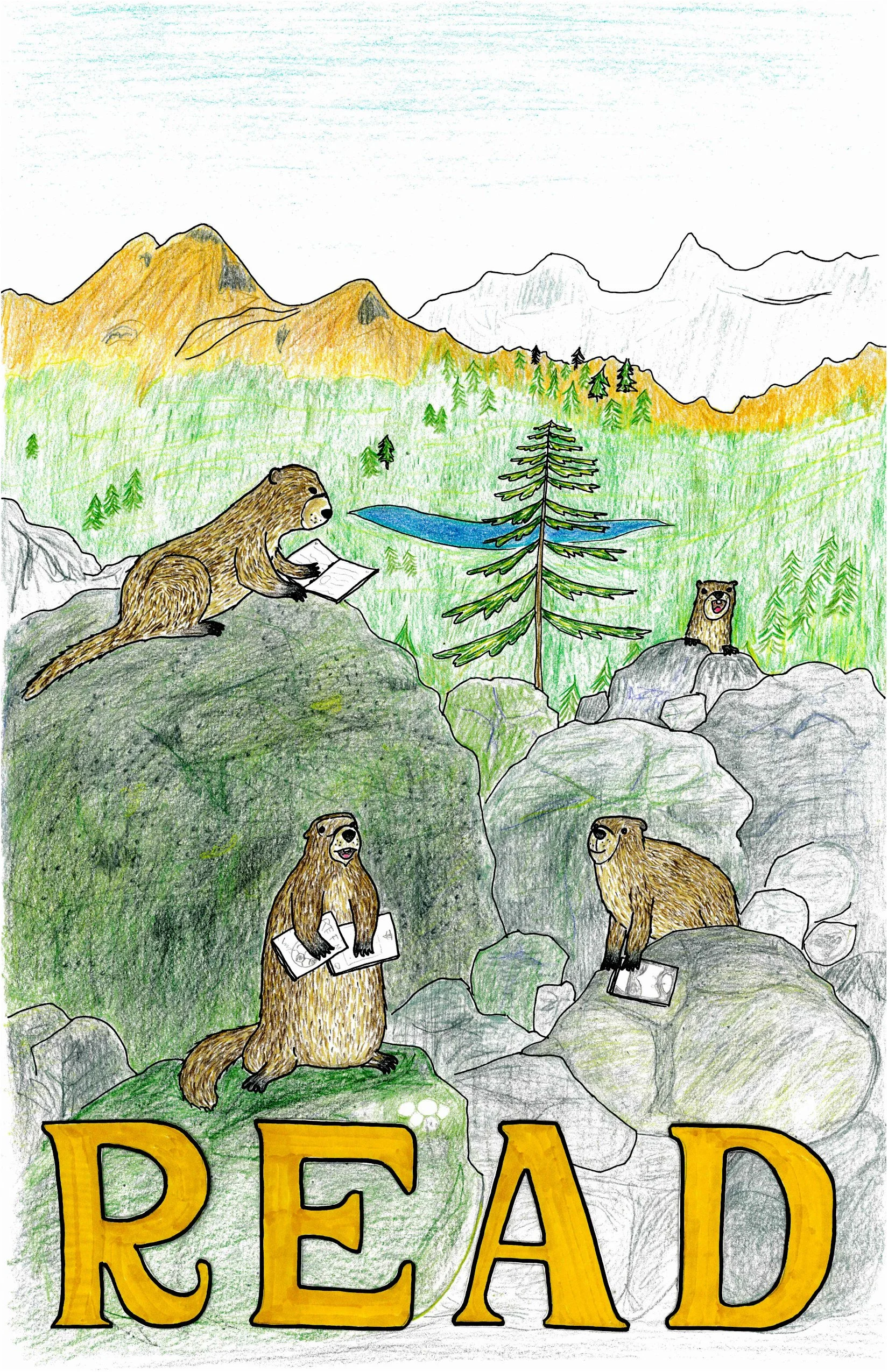 Drawing of a mountain landscape with four marmots holding books, trees, a small lake, and mountains in the background. The word "READ" is written in large yellow letters at the bottom.