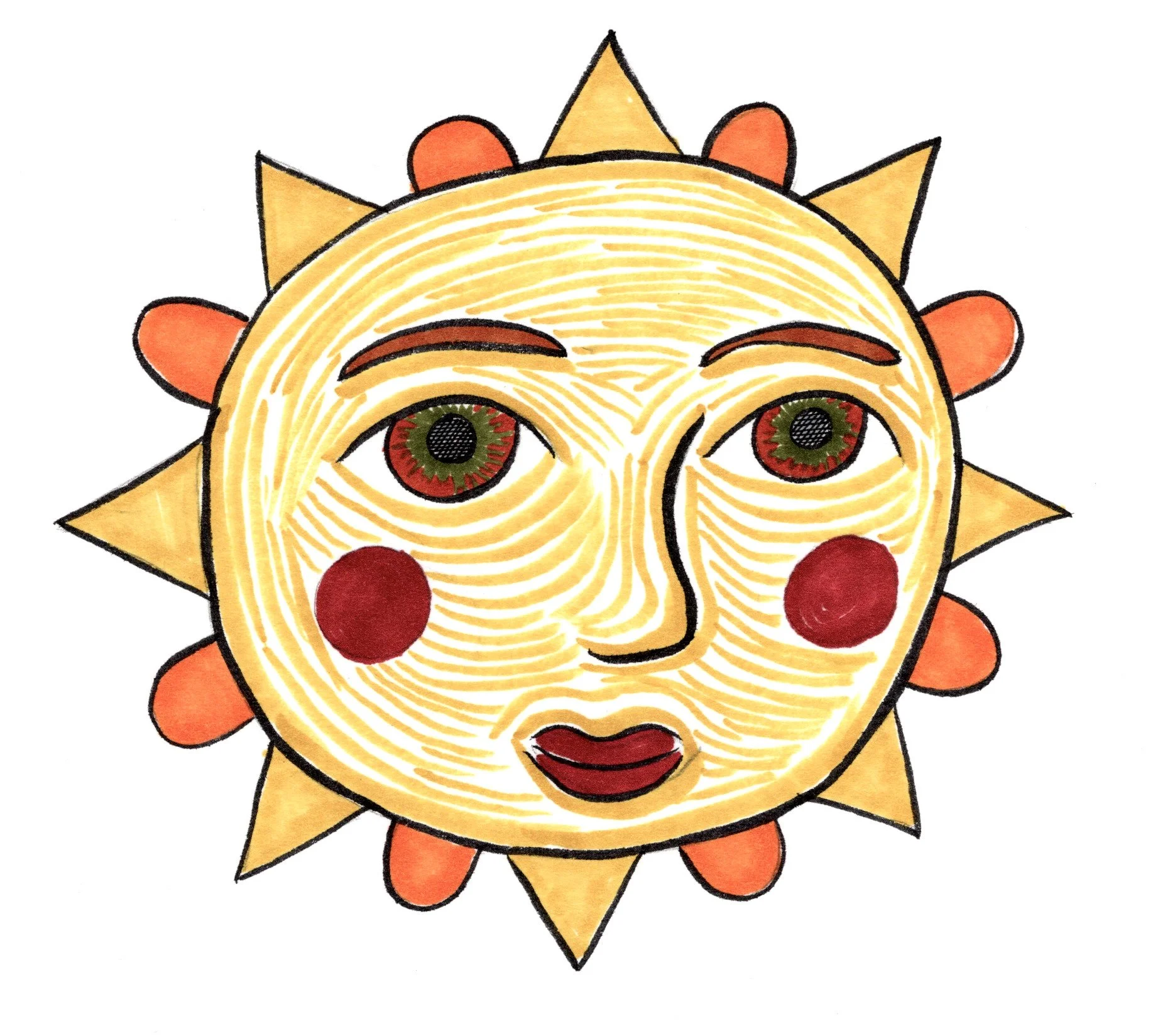A colorful artistic depiction of a sun with a human face, featuring detailed facial features, red cheeks, and surrounding sun rays.
