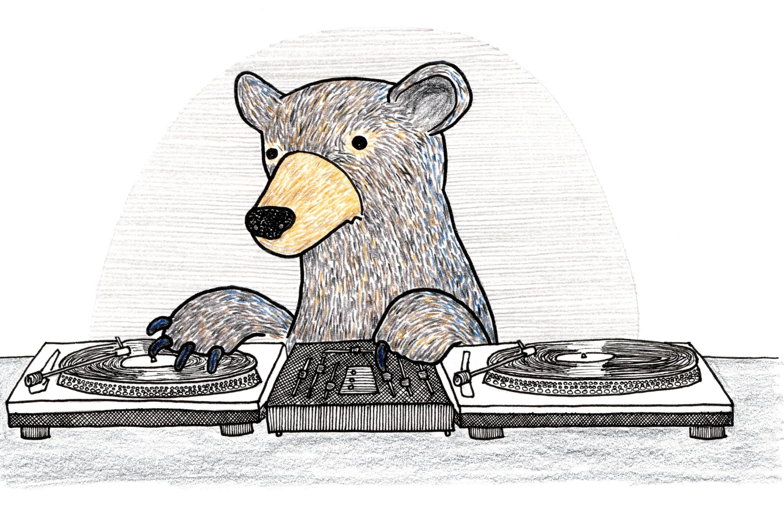 Drawing of a bear DJ standing behind turntables and a mixer, with a gray background.