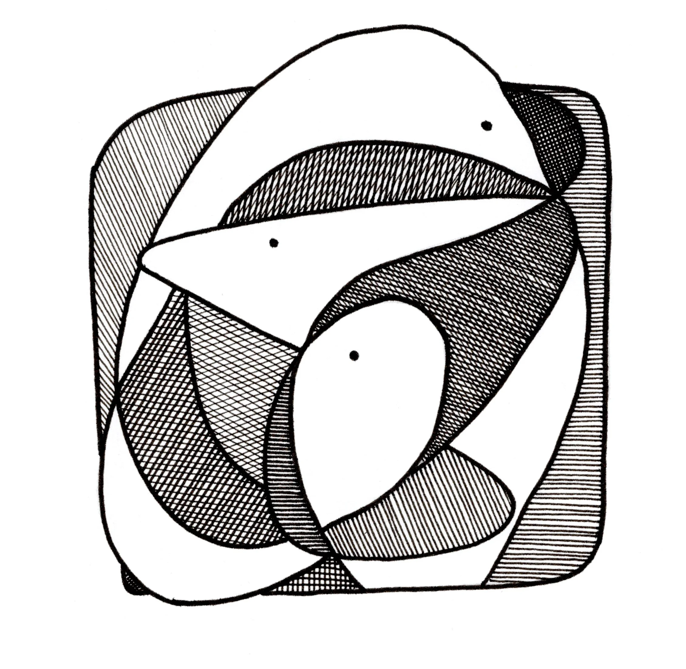 Abstract black and white line drawing with geometric shapes and patterns.