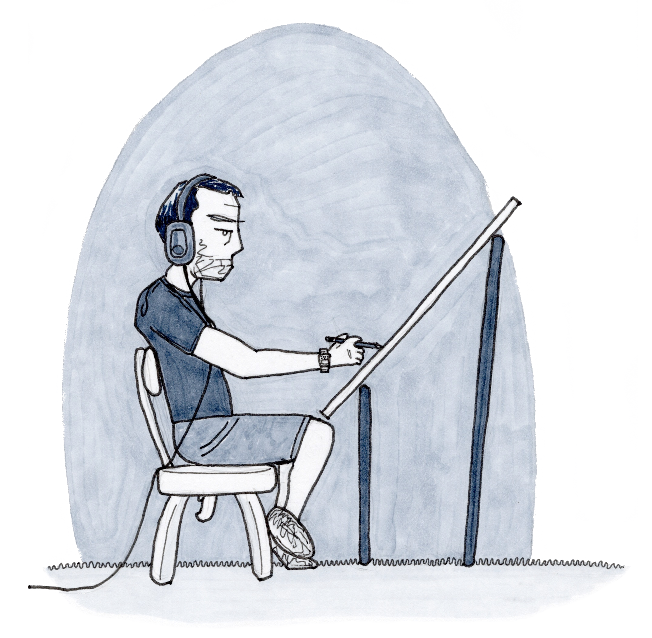 A man sitting on a chair, wearing headphones and a dark shirt, appears focused while drawing or writing on a large easel or canvas, with a dark background and a light-colored spotlight shining on him.