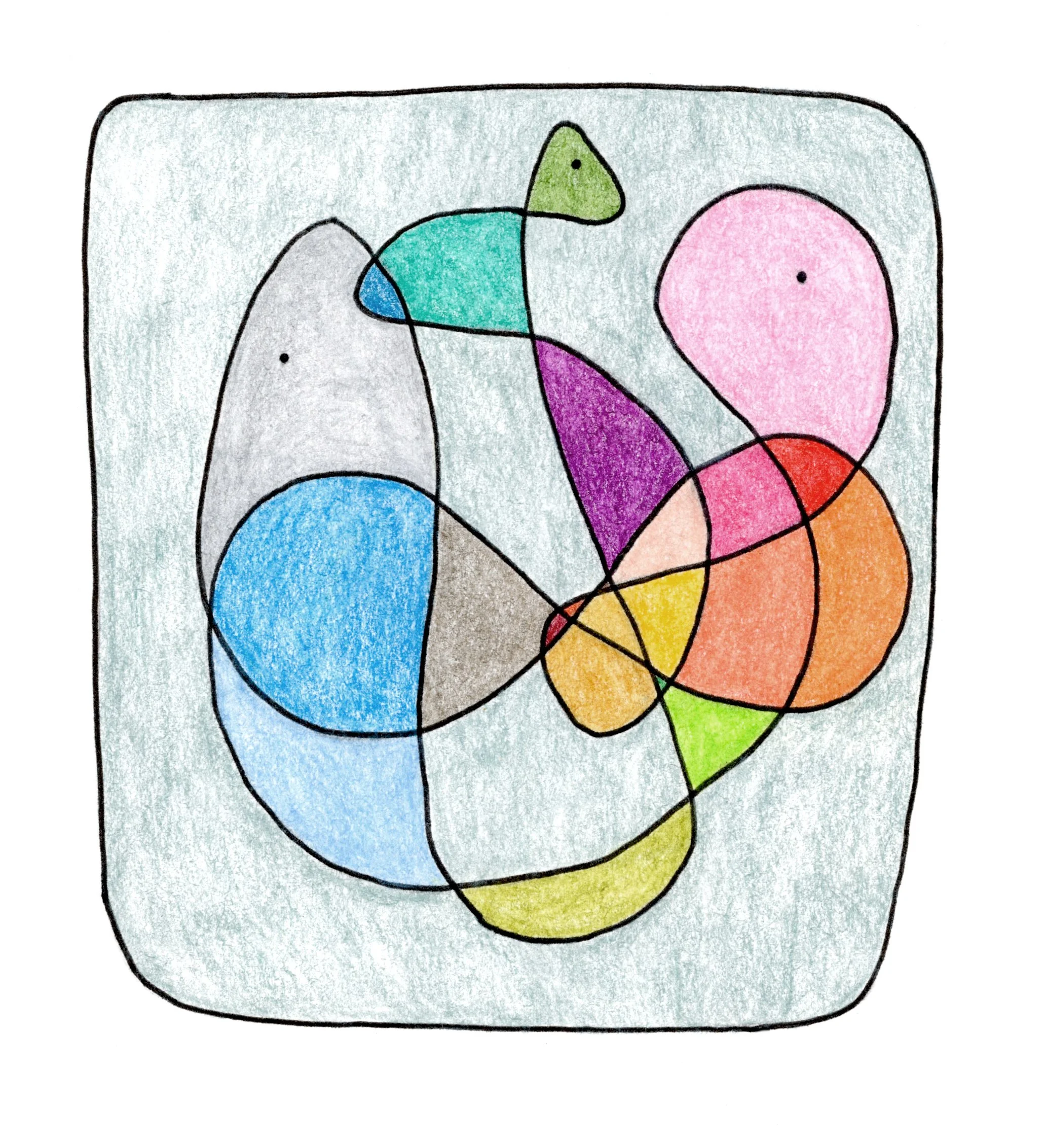 Abstract colorful drawing with black interconnected lines and shaded areas in various colors within a square frame.
