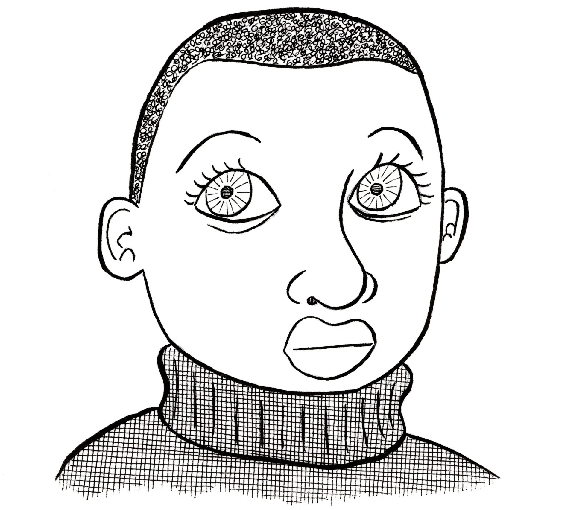 Black and white line drawing of a woman with large, circular eyes with detailed iris patterns, wearing a turtleneck sweater, with short hair, and a neutral facial expression.