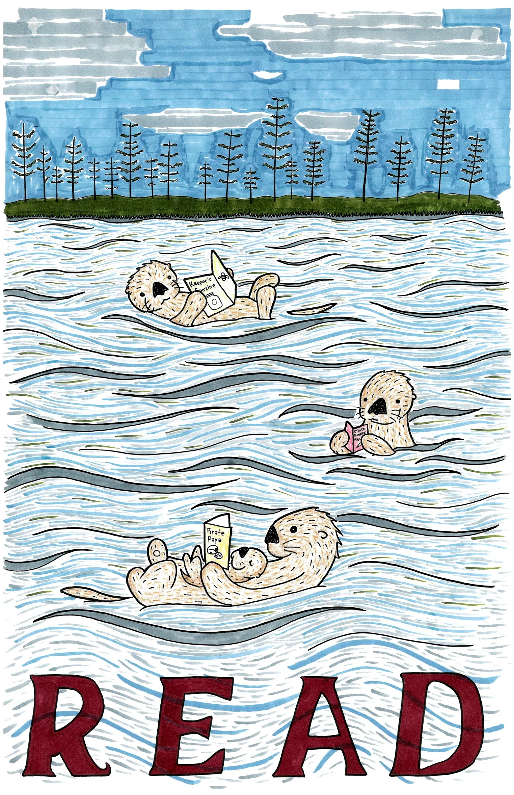 Illustration of three otters relaxing and reading books while floating on water, with trees and a cloudy sky in the background, and the word 'READ' at the bottom.