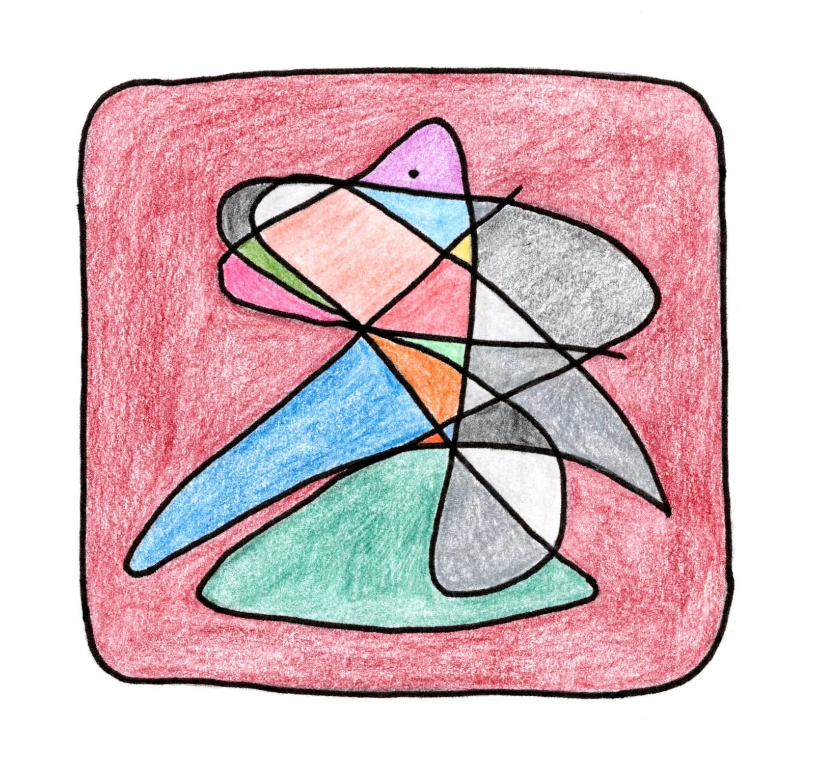 Abstract drawing with various shapes and scribbles, bordered by a red background.