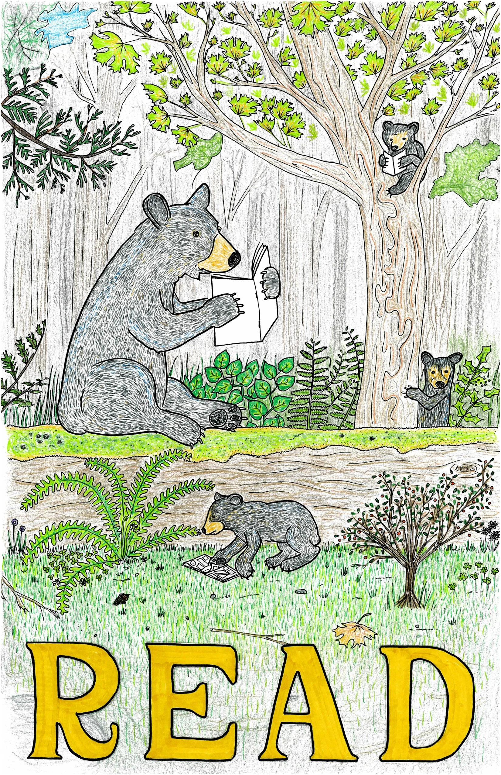 Colorful drawing of a bear reading a book outdoors in a forest, surrounded by trees, plants, and other bears also reading or with a book, with the word 'READ' in large yellow letters at the bottom.