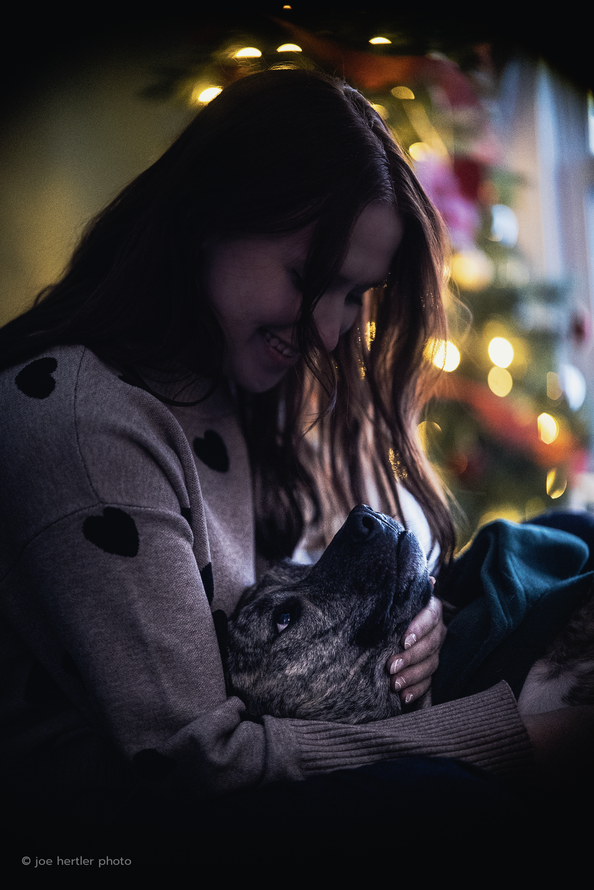 A woman smiling while holding a dog near her face, with a Christmas tree and lights in the background.