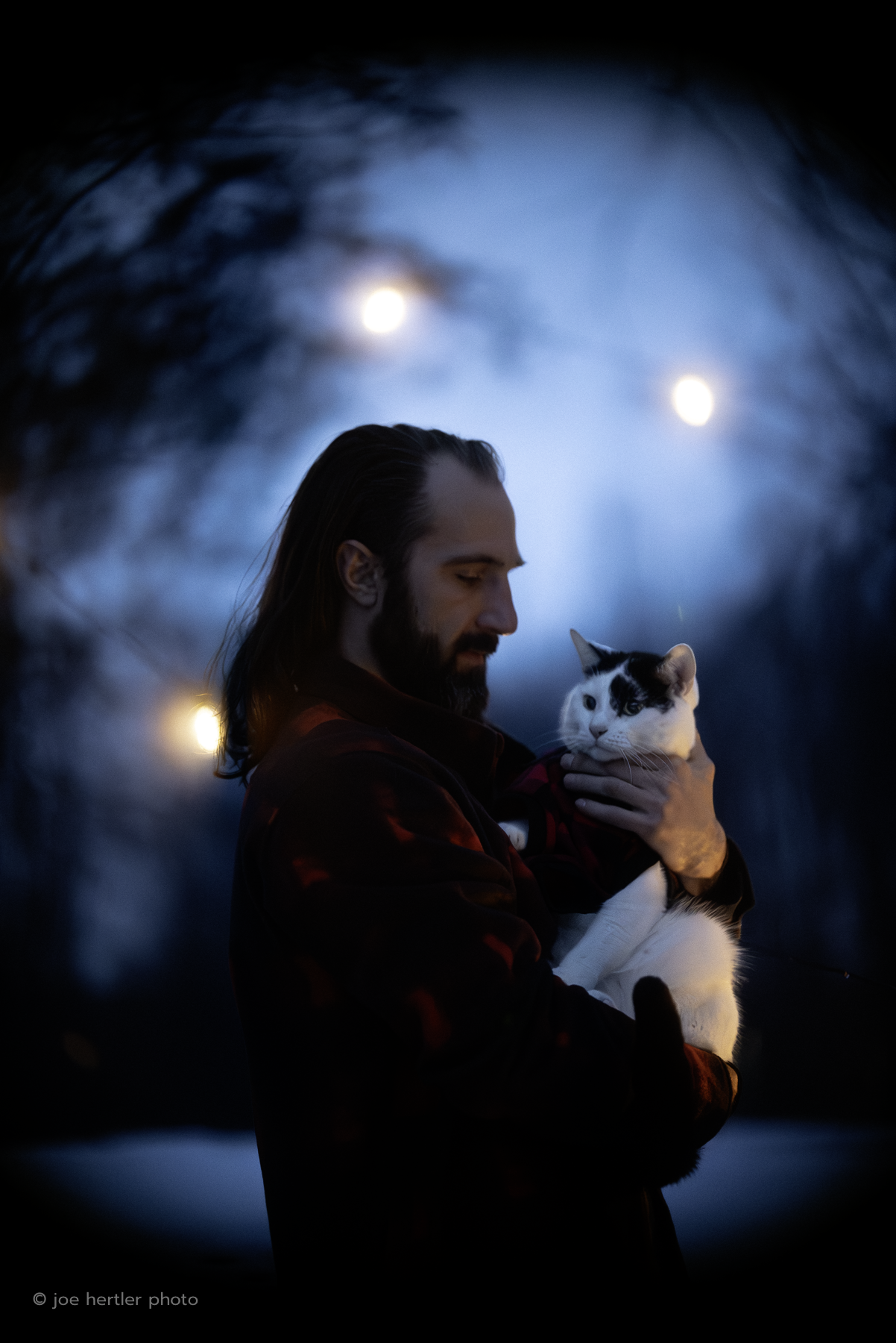 A man with long hair and a beard holds a black-and-white cat outdoors at night, with a blue sky, moon, and blurred trees in the background.