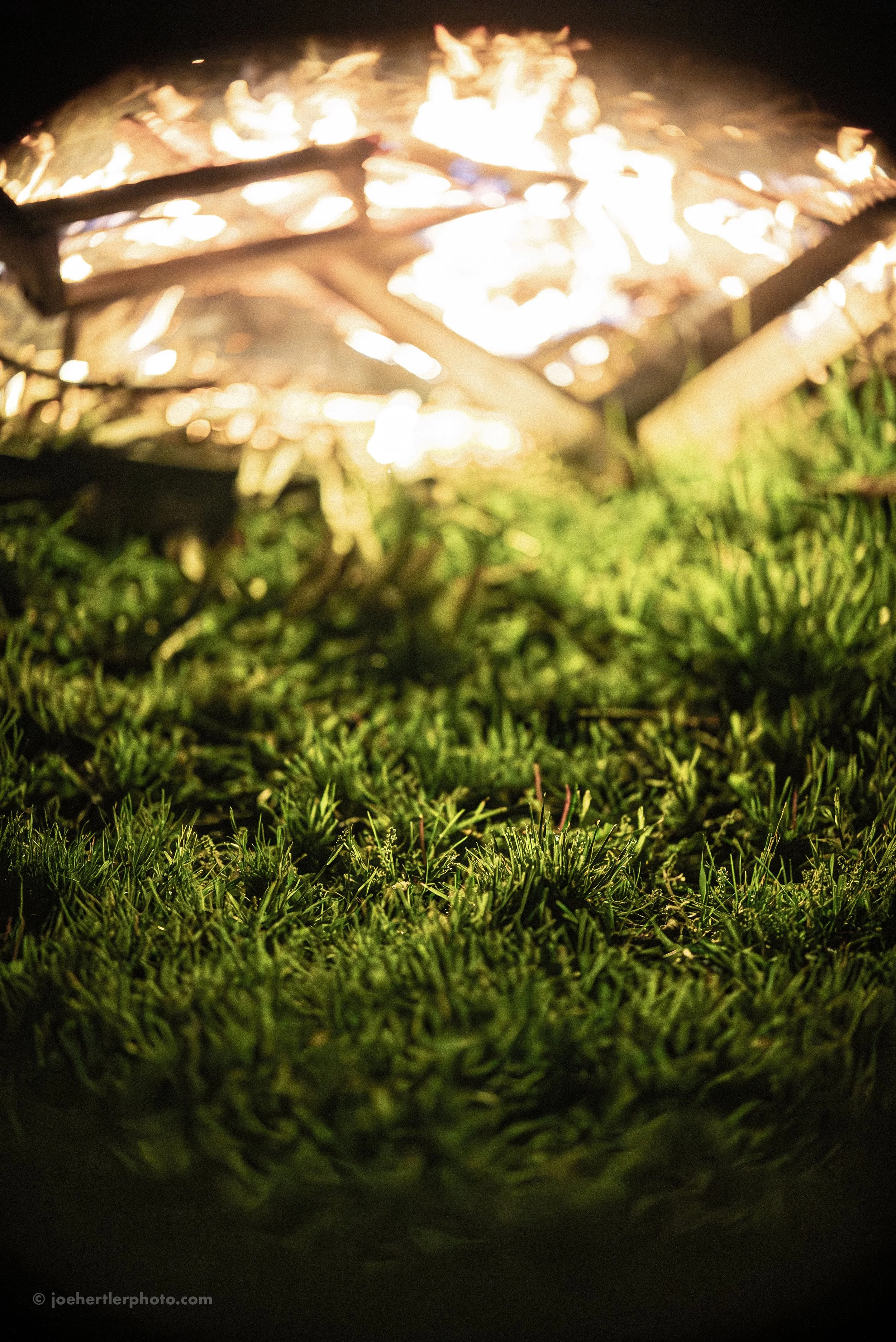 A campfire with bright flames burning over a bed of green grass at night.