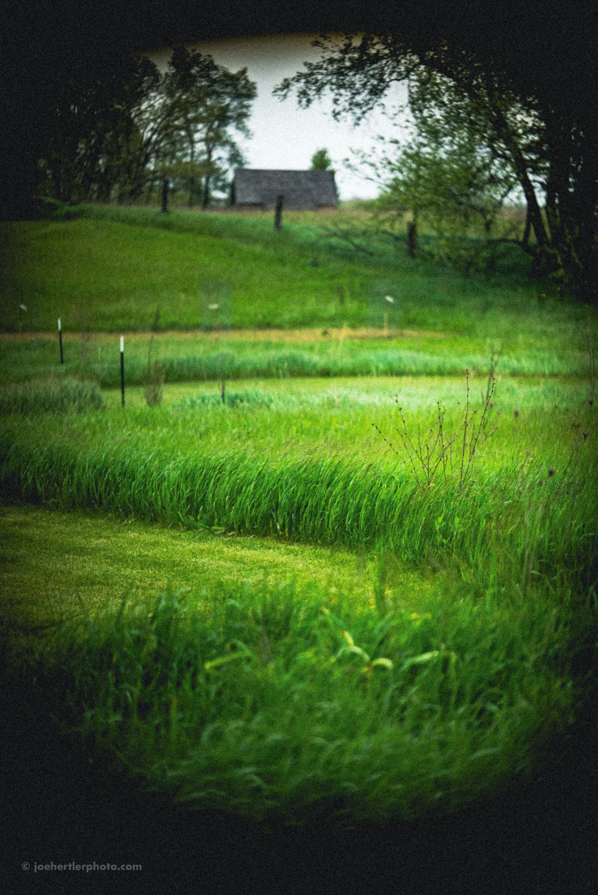 A view through a circular window showing a lush green landscape with grass, trees, and a small house in the distance, with a dark surrounding frame.