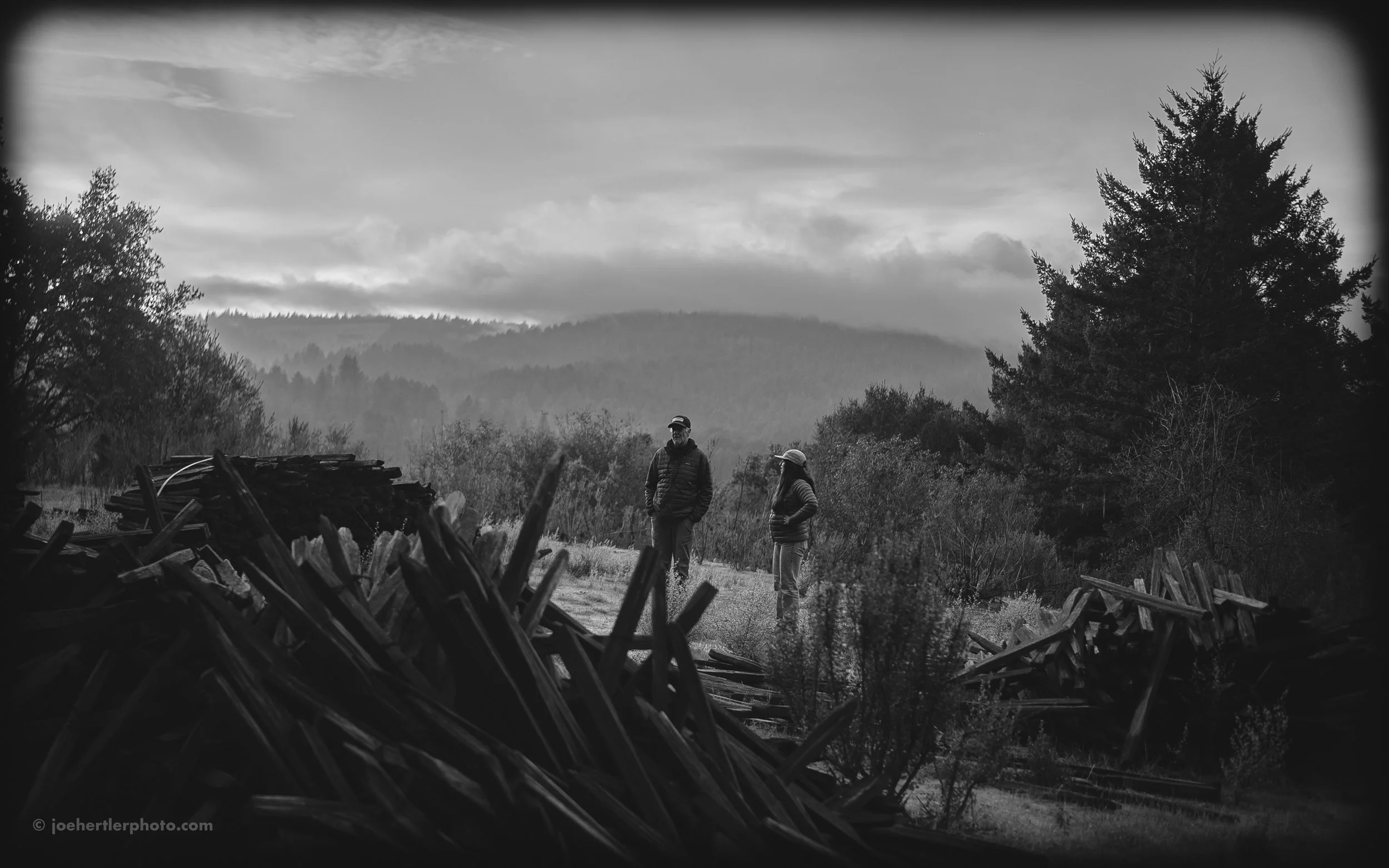 Two people walking and talking in a rural landscape with scattered trees, bushes, and piles of wood, under a cloudy sky.