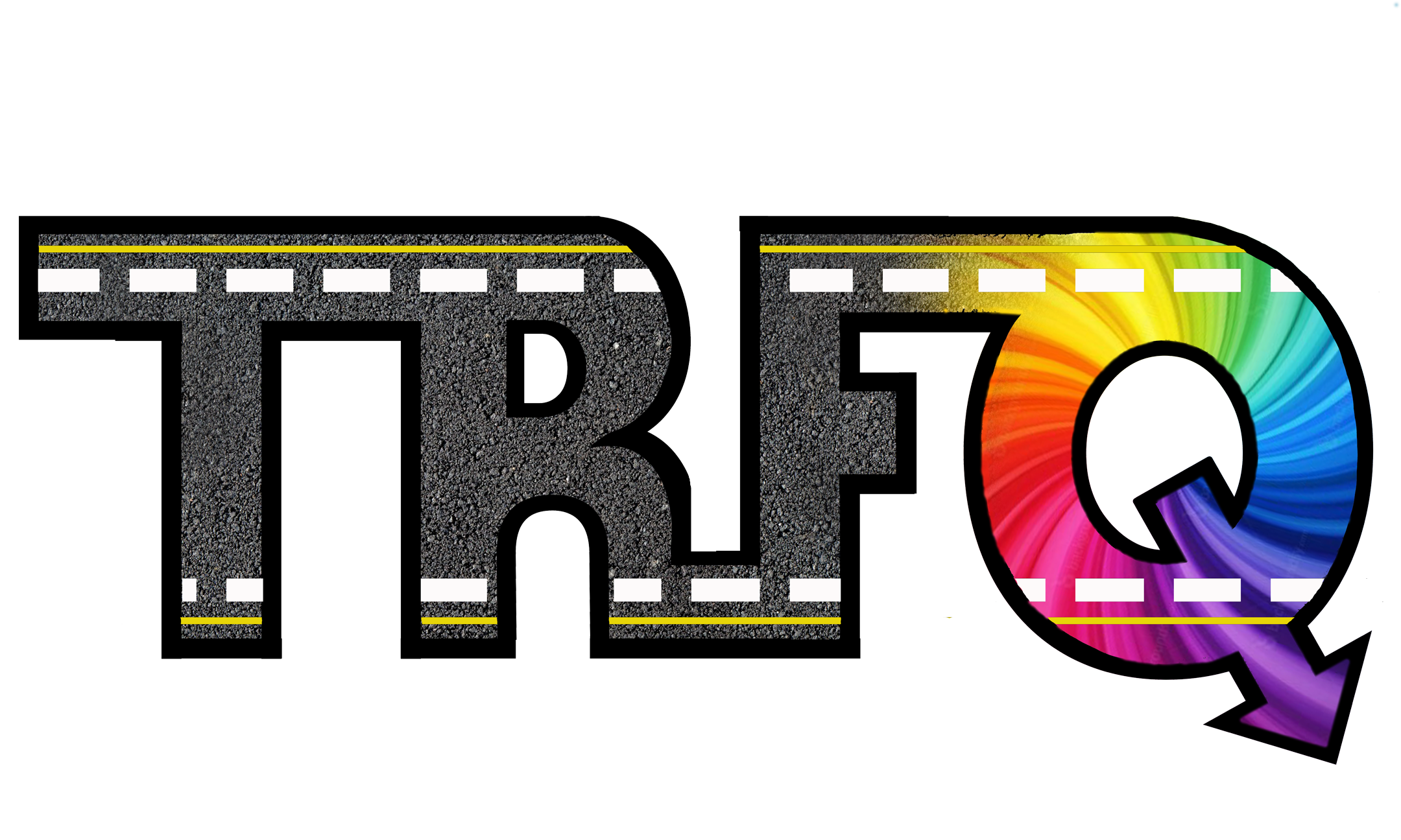 Text reading "TRQ" with the letters designed to look like road markings and textured asphalt, with the letter Q surrounded by a colorful rainbow swirl and an arrow.