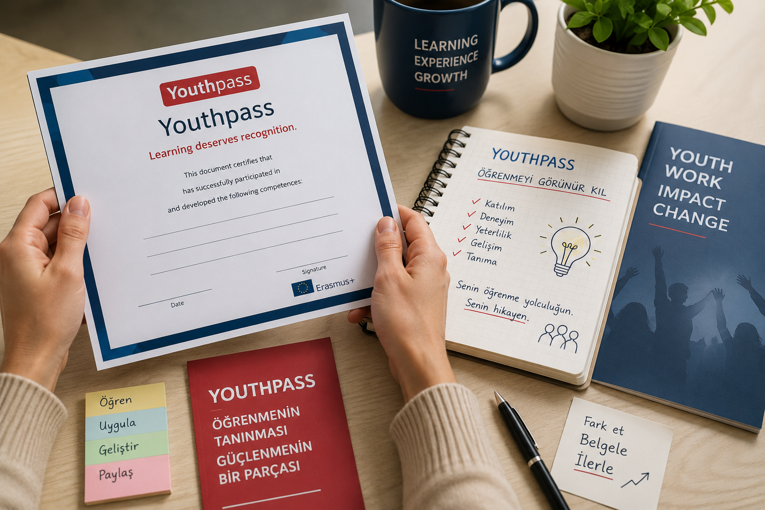 A person holding a Youthpass certificate on a wooden desk, surrounded by notebooks, sticky notes, a pen, a mug with the words 'Learning Experience Growth,' a potted plant, and a blue book titled 'Youth Work Impact Change.' The open notebooks display checklists and handwritten notes about Youthpass and learning objectives.