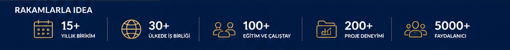 Infographic presenting key achievements: over 15 years of experience, over 30 countries, more than 100 trainings and workshops, over 200 projects, and over 5,000 beneficiaries.