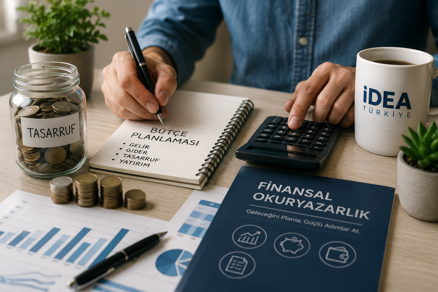 A person working on a budget plan at a desk, with financial documents, coins, a calculator, a pen, a notebook, a spreadsheet, a coffee mug labeled 'IDEA TÜRKİYE', and potted plants visible.