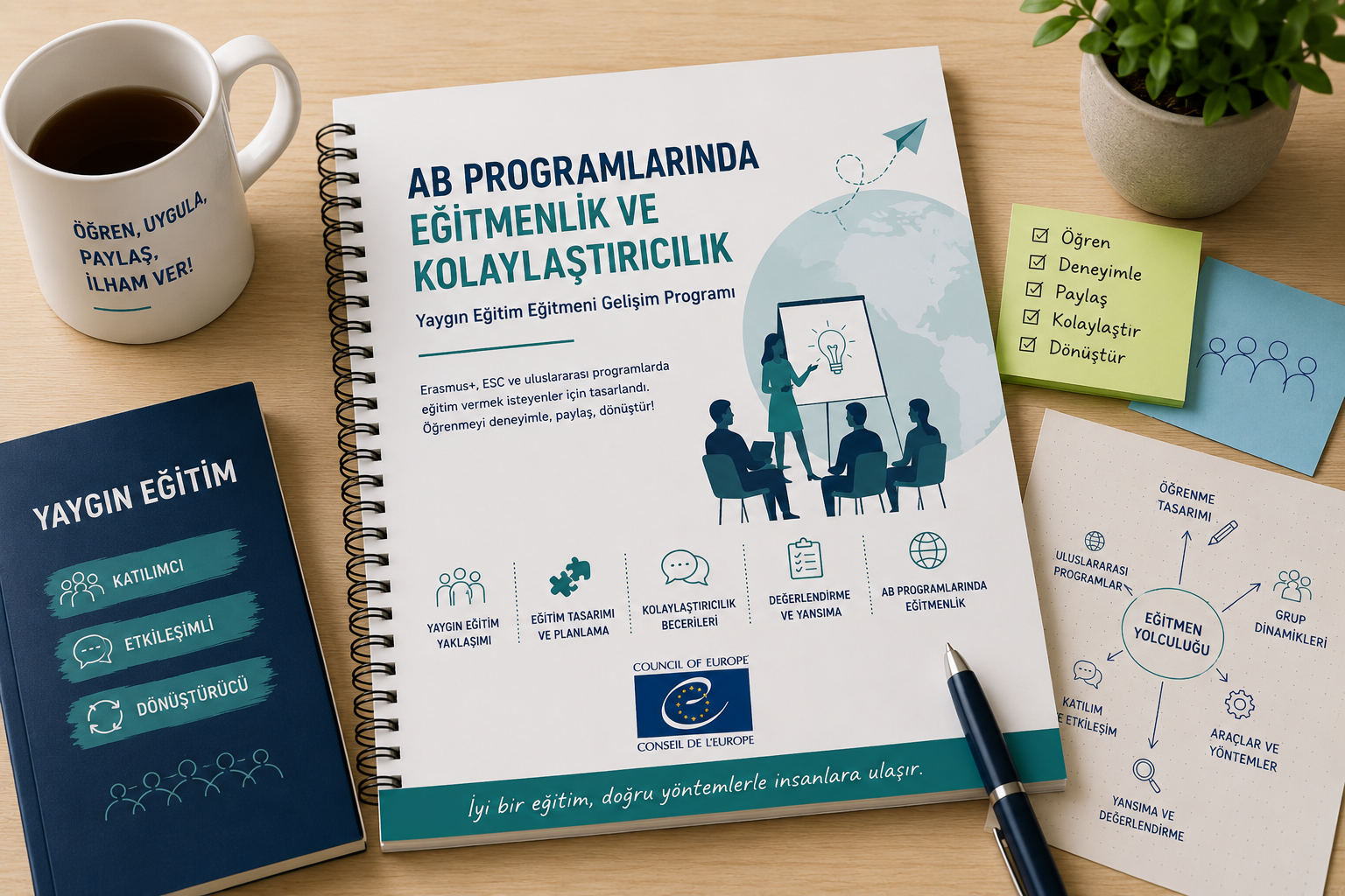 A desk with a coffee mug, a brochure about teacher training programs, sticky notes, a notepad, a pen, and a potted plant. The brochure discusses European programs on teacher training and education.