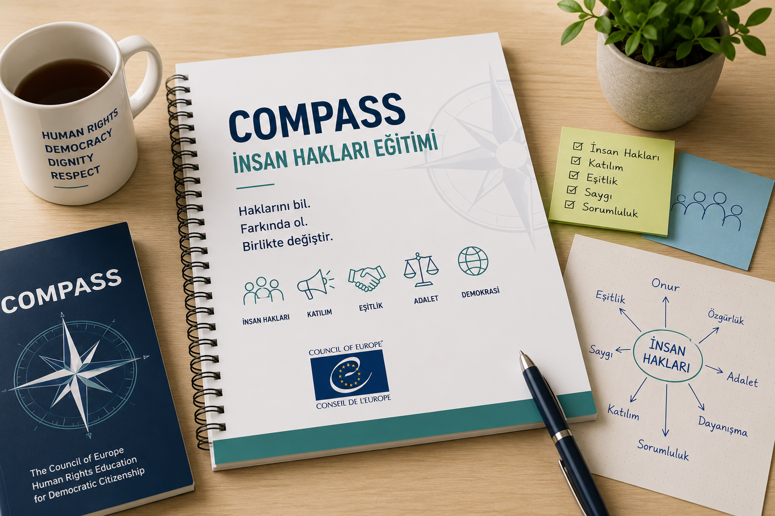 A table with a white mug labeled 'Human Rights Democracy Dignity Respect' filled with tea, a spiral notebook titled 'COMPASS İnsan Hakları Eğitimi' with introductory text and icons, a blue booklet titled 'COMPASS' with a compass rose, a potted plant, yellow and blue sticky notes with handwritten checkmarks and words, a hand-drawn diagram in blue ink of 'İnsan Hakları' surrounded by related words, and a black pen.