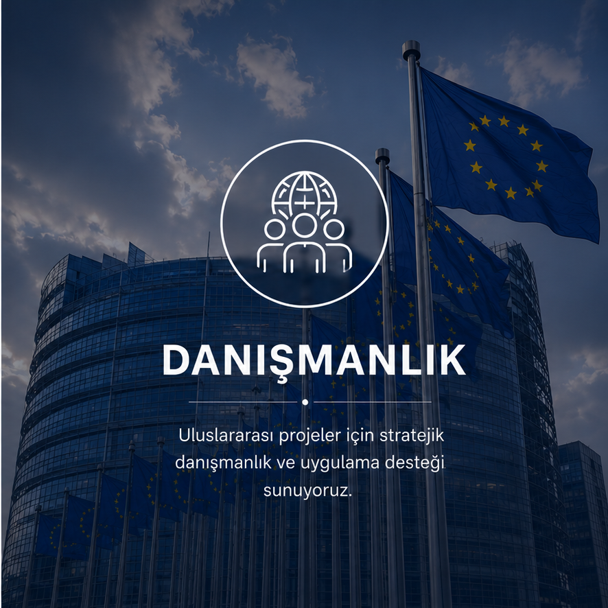 Avrupa Birliği bayrakları ve Avrupa Komisyonu binası önünde stratejik danışmanlık ve uygulama desteği sunan uluslararası projeler hakkında bilgi sağlayan bilgi grafiği.