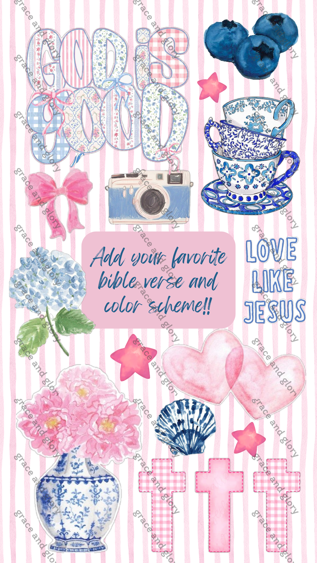 Colorful illustrated design with the words "GOD'S GOOD" in patterned letters, blueberries, pink stars, a vintage camera, blue and white teacups, pink hearts, pink bows, pink hydrangea flowers in a blue vase, pink ribbons, and a pink cross, with text encouraging adding favorite Bible verses and color schemes.