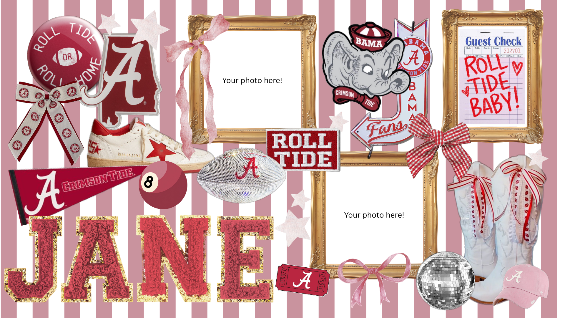 Alabama Crimson Tide-themed collage with football, cheerleading shoes, hats, patches, banners, ticket stubs, and photo frames, all in red, white, and pink colors, on pink and white striped background.