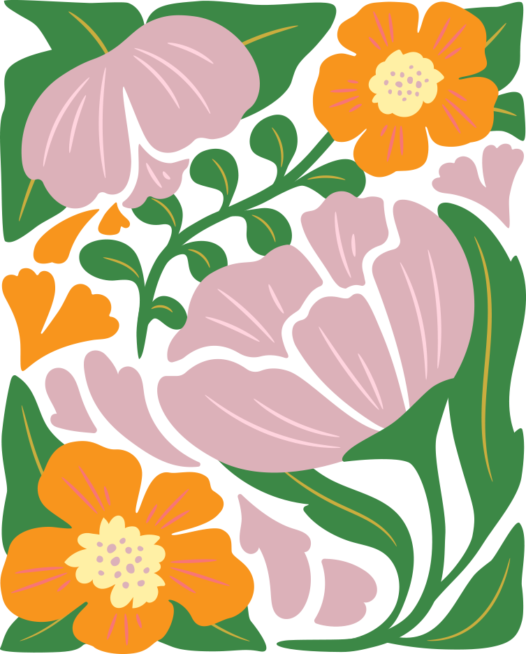 Stylized illustration of a butterfly among pink and orange flowers with green leaves.