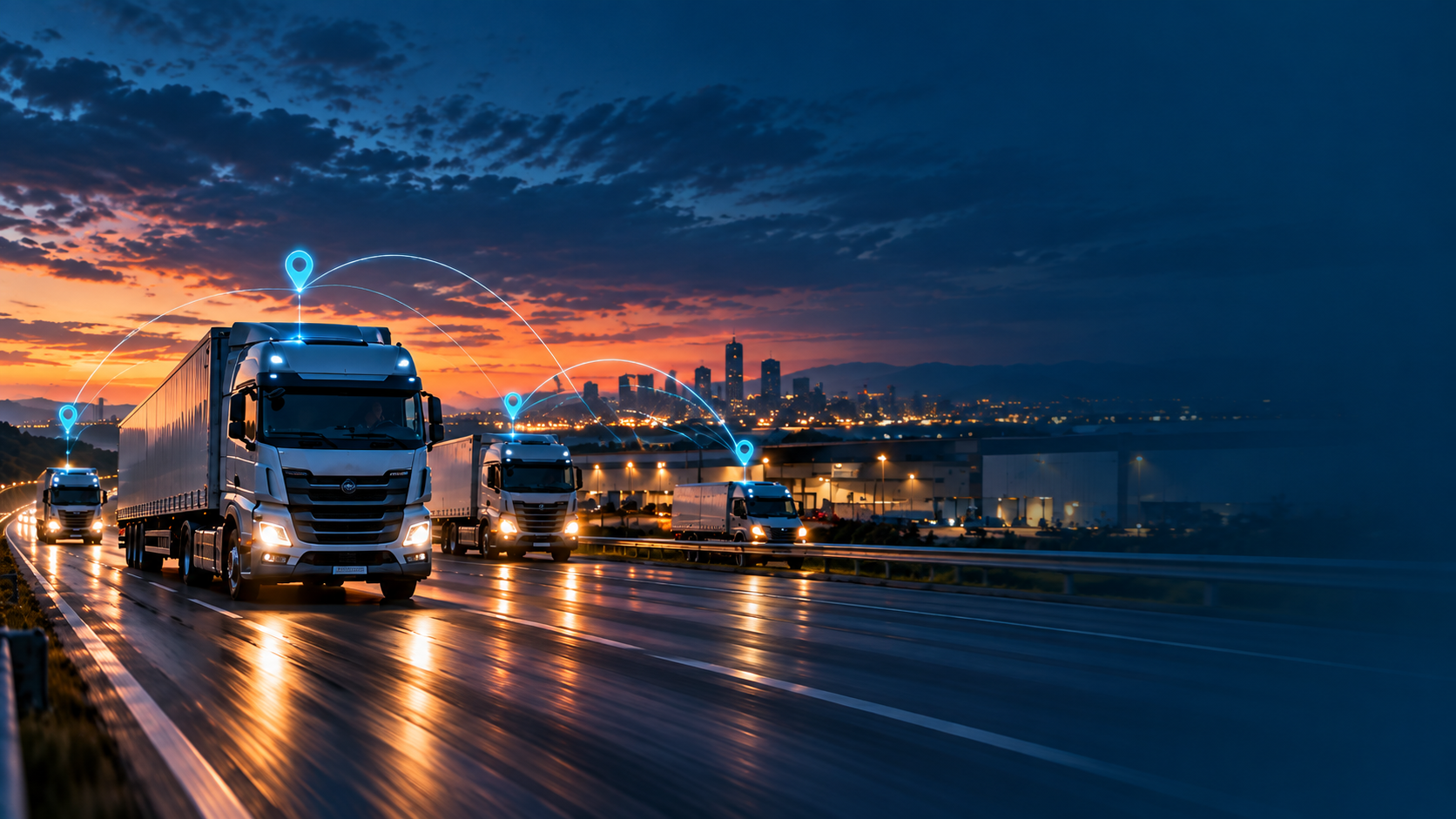 Commercial trucks on a highway at dusk with connected GPS tracking markers