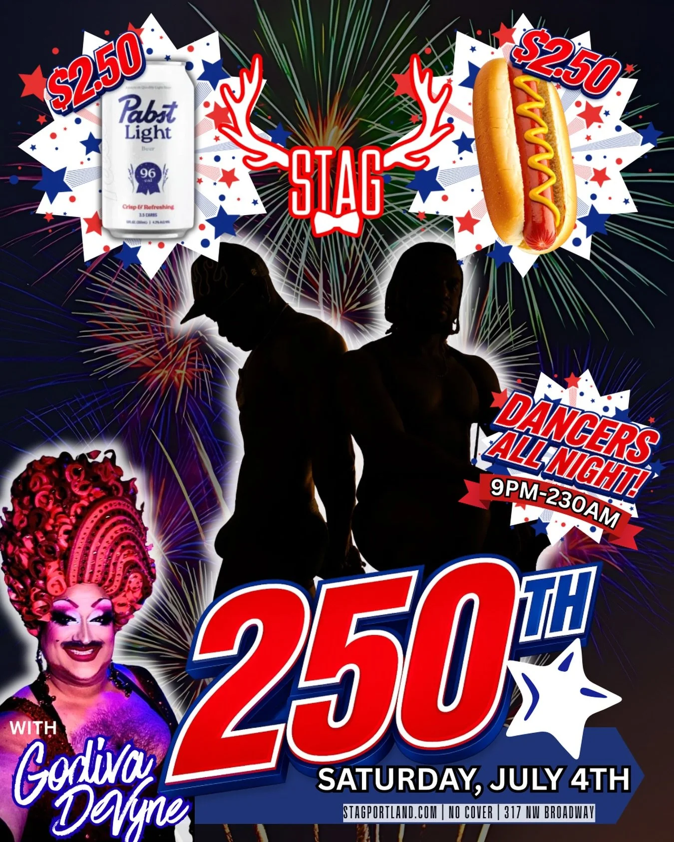 ❤️🤍💙 Your 4th of July plans just got a whole lot hotter. 🔥🌈

Celebrate USA&rsquo;s 250th Birthday with $2.50 Pabst Lights, $2.50 hot dogs, dancers all night, and only a $5 cover at Stag! 🎆 Grab your friends &amp; enjoy the fireworks, then keep t