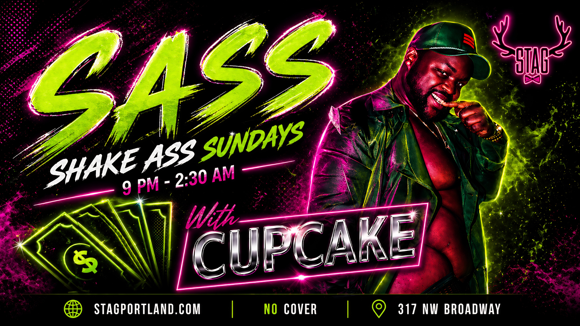 Bright neon sign promoting a weekly party called 'Shake Ass Sundays' at Stag Portland, featuring DJ Cake. Event takes place from 9 PM to 2:30 AM, located at 317 NW Broadway.