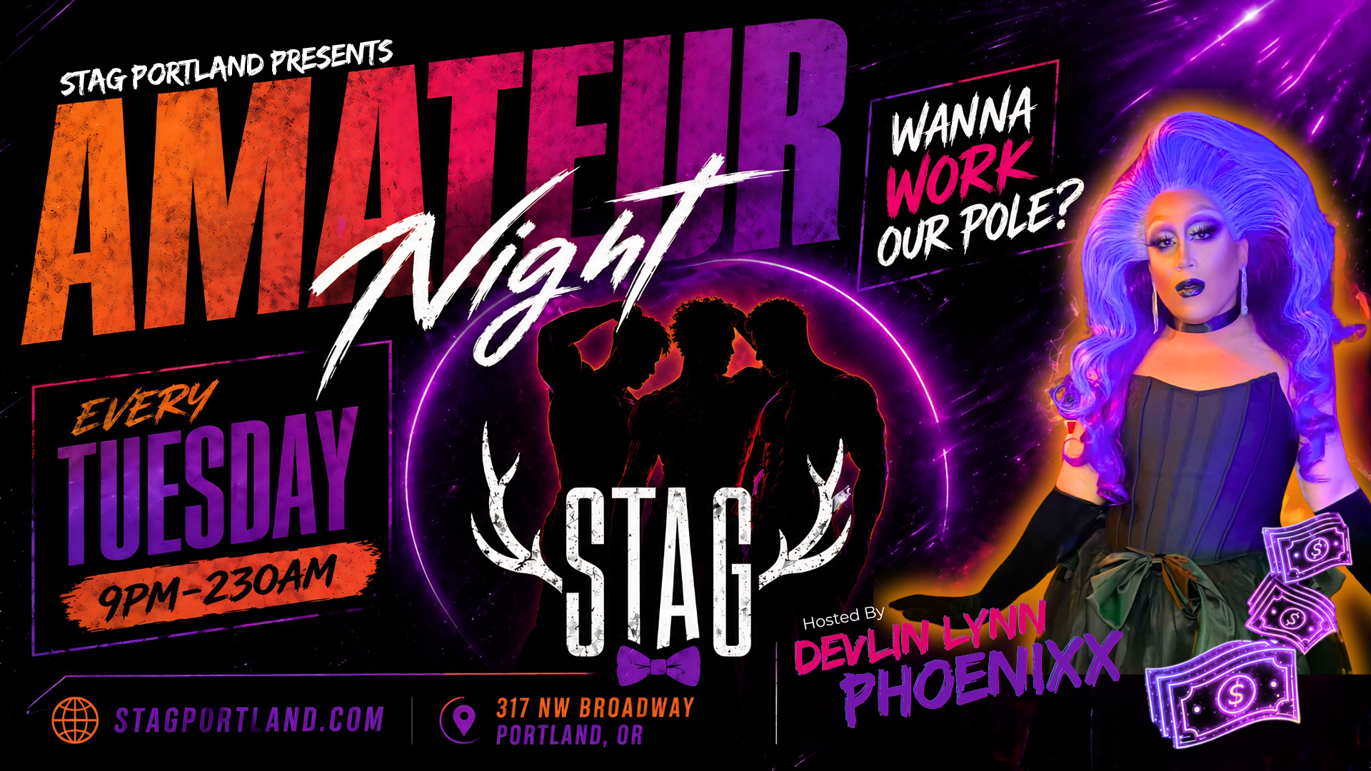 Promotional poster for an event called 'Amateur Night' hosted by Stag Portland, held every Tuesday from 9 PM to 11:30 PM at 317 NW Broadway, Portland, OR. The poster features silhouettes of three people, a drag queen with purple hair, and neon graphics including dollar bills and city themes.