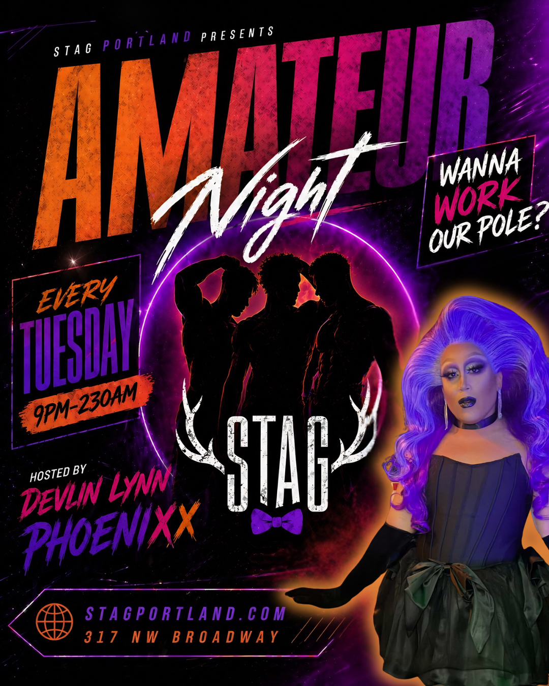 Nightclub poster advertising a drag show called 'Amateur Night' hosted by Devlin Lynn Phoenix, happening every Tuesday from 9 PM to 11:30 PM at Stag PDX, featuring a large image of a drag performer with purple hair and makeup.