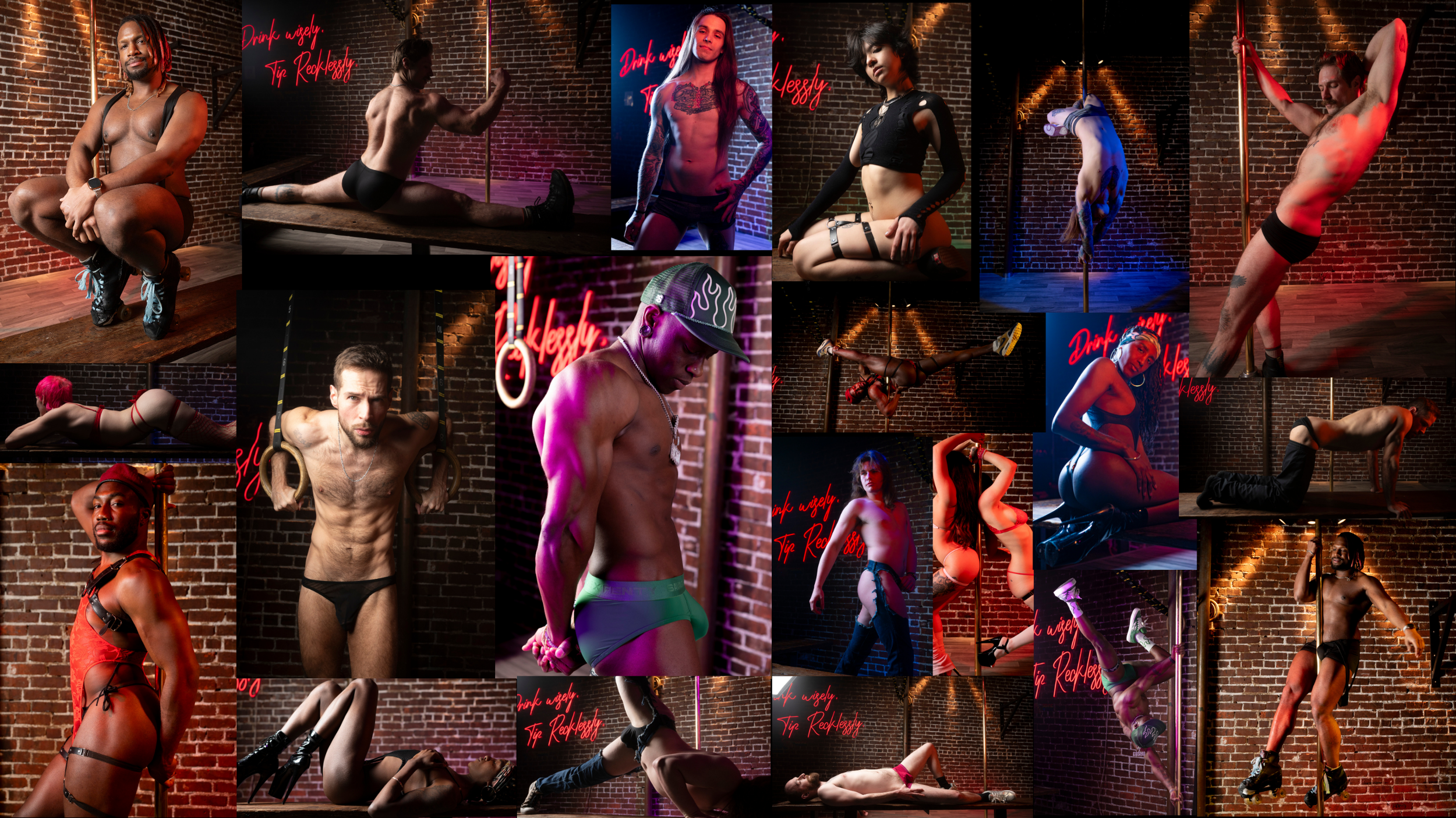 Collage of diverse people performing pole dancing and fitness poses in a brick-walled bar with red neon signs that read 'Drink Wisely, Tip Recklessly'.