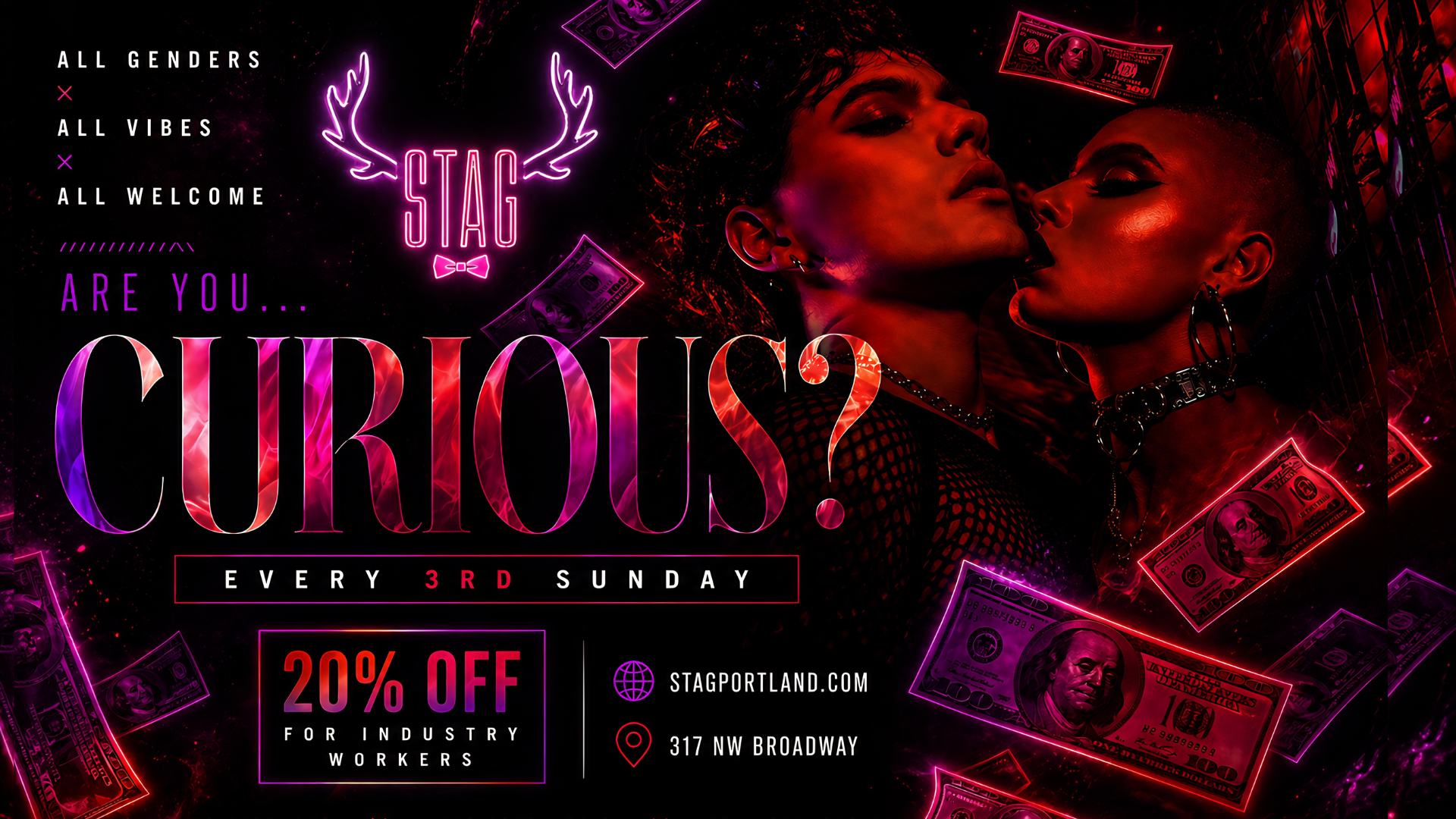Event poster for a night club event called 'Ciro Us 2' held every third Sunday. The poster features three people with bold makeup and accessories, neon pink and purple lights, floating dollar bills, and promotional text including a 20% discount for industry workers.