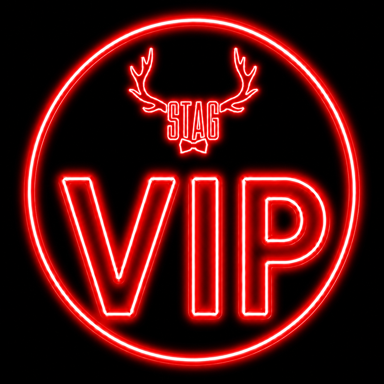 Red neon VIP sign with a circle, featuring a deer head with antlers, the word 'STAG' with a bowtie, and the word 'VIP' in large letters.