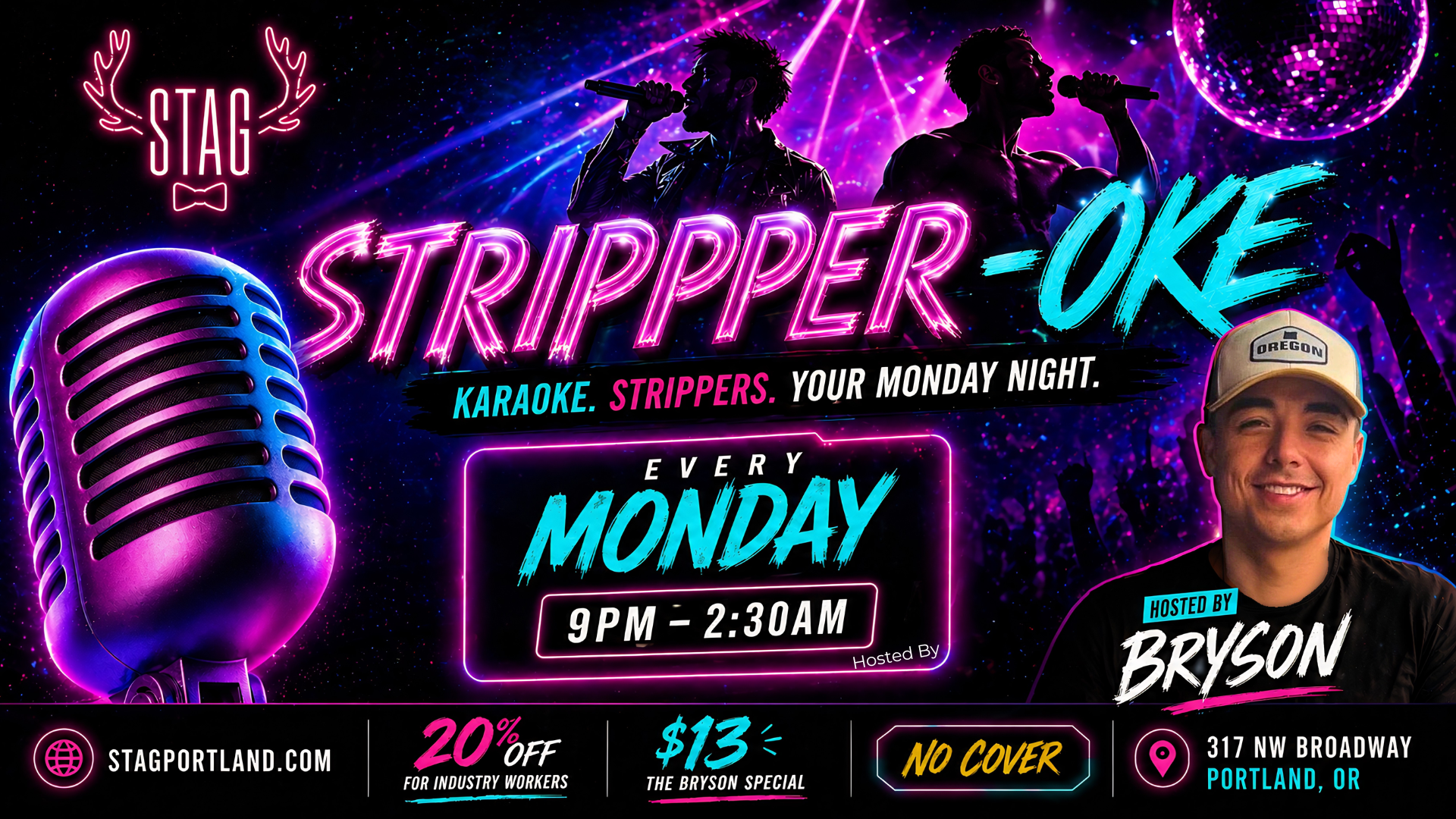 Neon sign with the words "Stripper OK" and images of two male singers, a large microphone, a disco ball, and a smiling man wearing a baseball cap. The event details for a weekly karaoke night called "Stripper OK" at Stag Portland are displayed, including the time, host, location, and special offers.