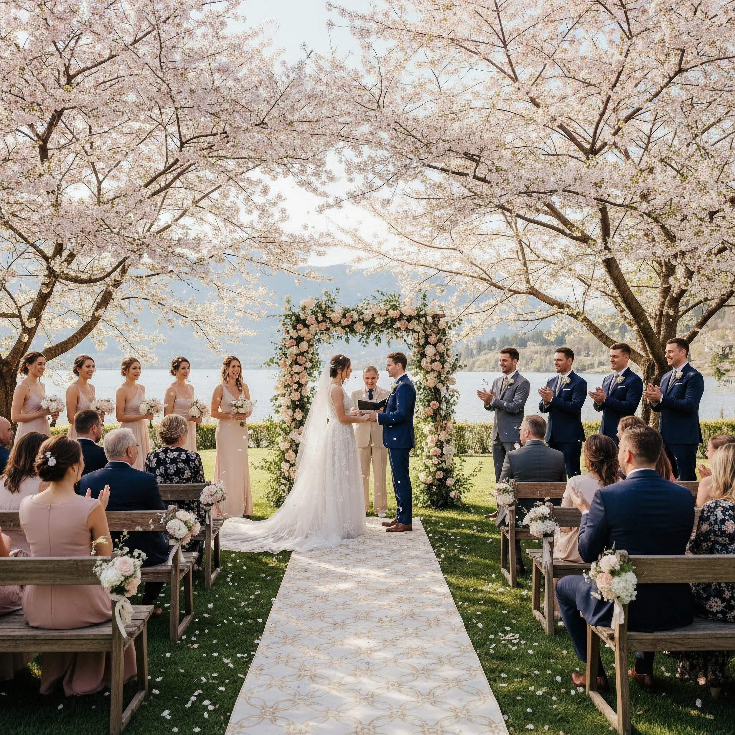Elegante Outdoor-Hochzeitszeremonie unter blühenden Bäumen – romantische Atmosphäre mit stilvoller Floristik und liebevoll gestalteten Details.