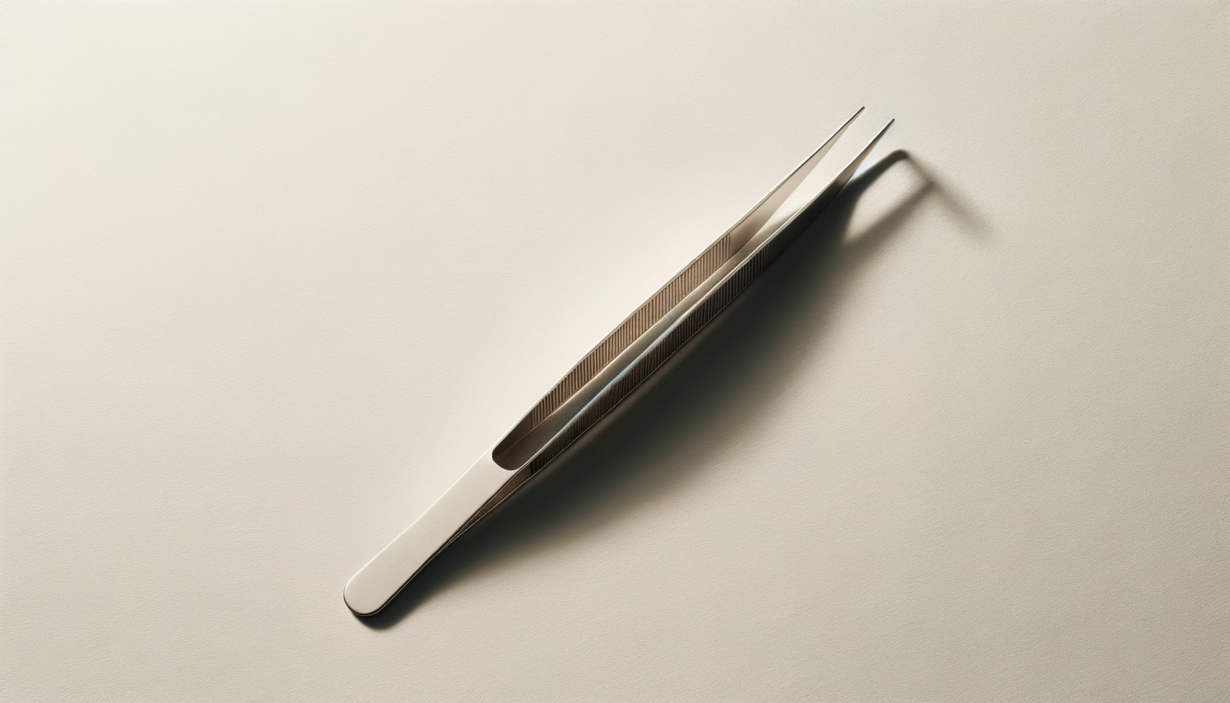 Close-up of a pair of metal tweezers on a plain, light-colored surface.