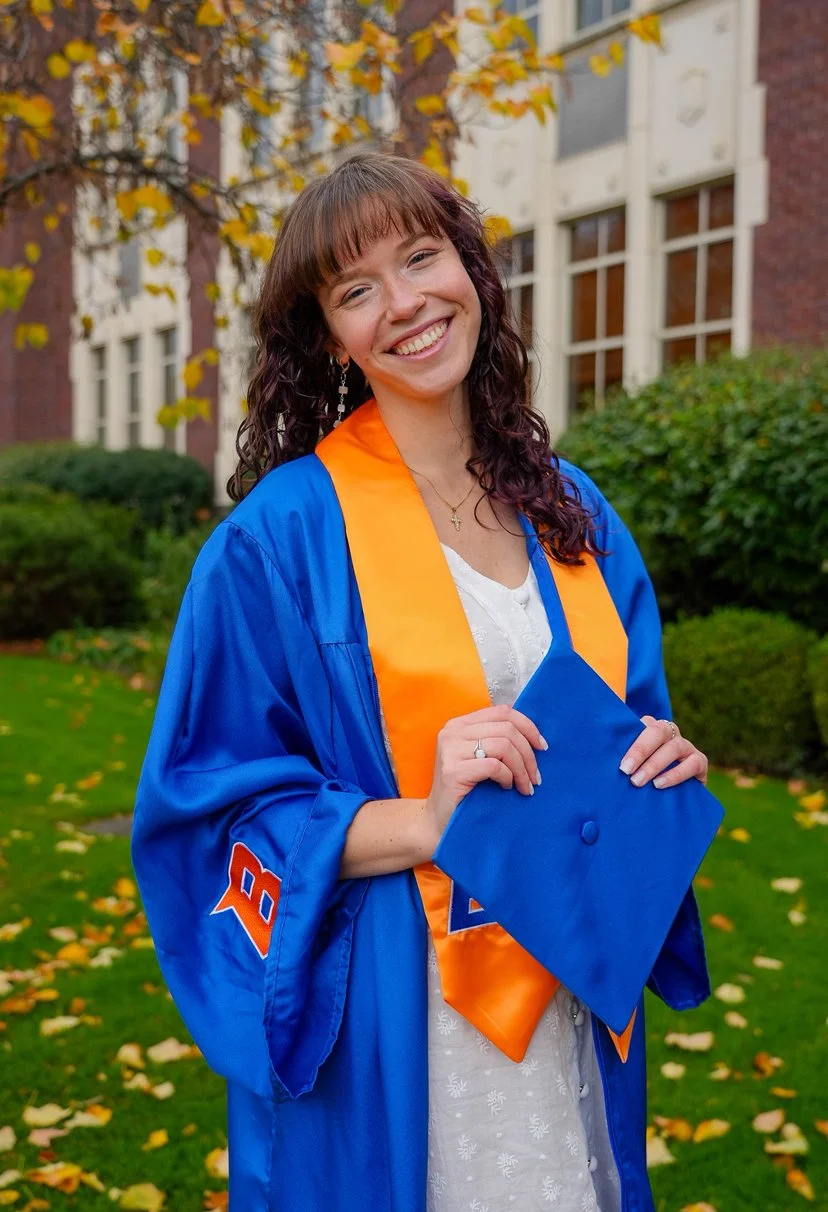 A young woman in a blue graduation gown and orange stole, holding a matching blue cap, smiling outdoors during autumn with fallen leaves and a school building in the background.